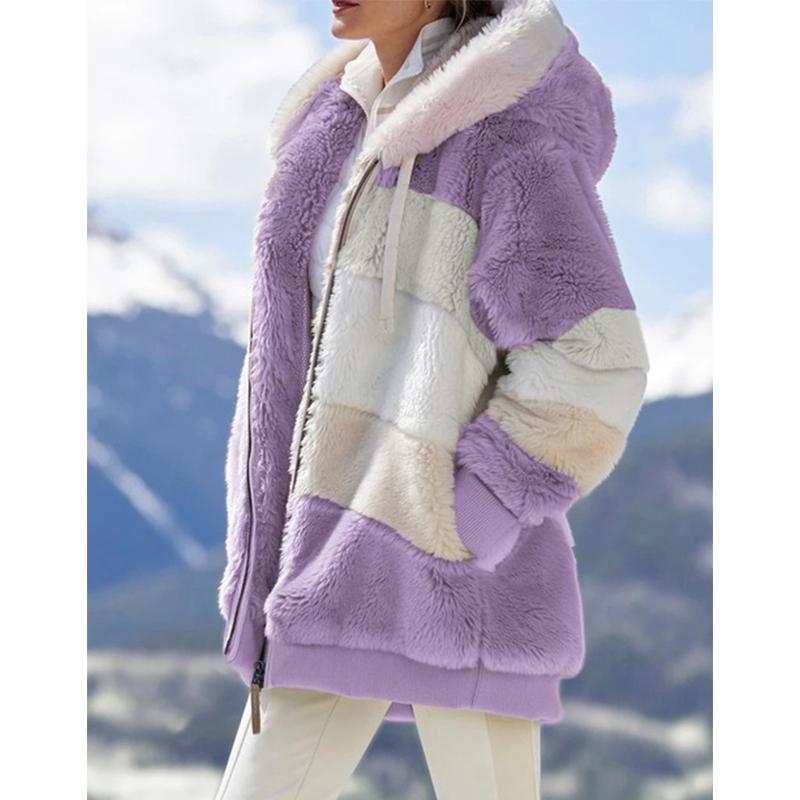Women faux shearling striped fluffy winter warm zip up coat outerwear
