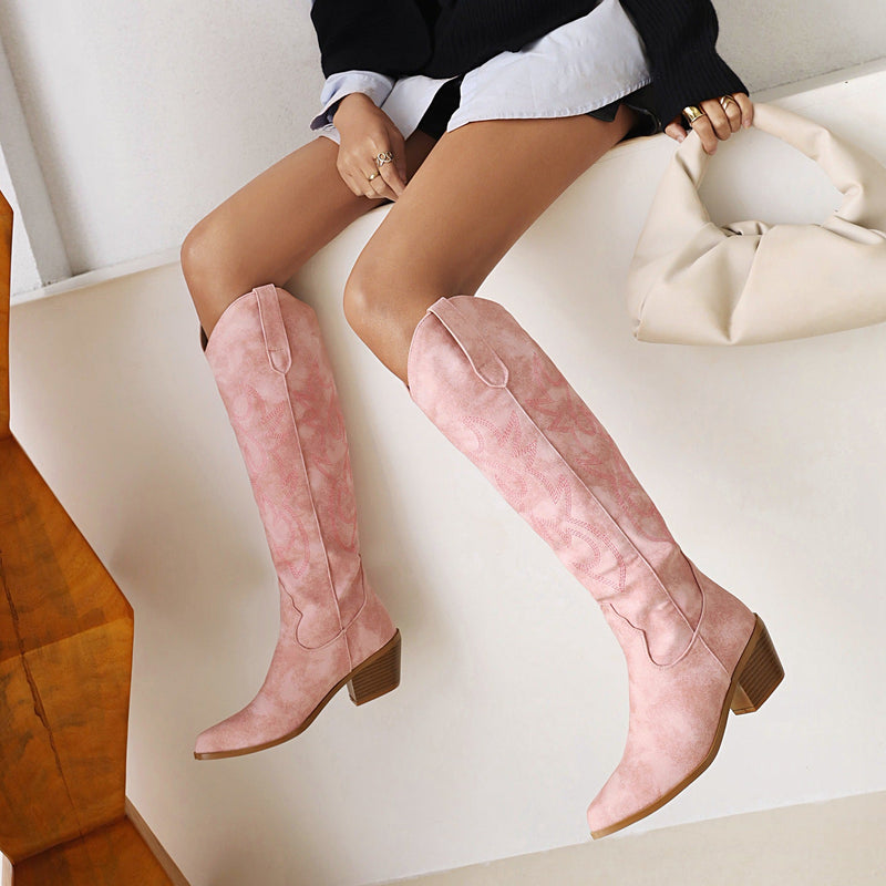 Embroidery pointed toe knee high cowboy boots Block heels knee high western boots