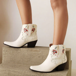 Ethnic flower embroidery pointed toe short western boots Slip on block heels ankle cowboy boots