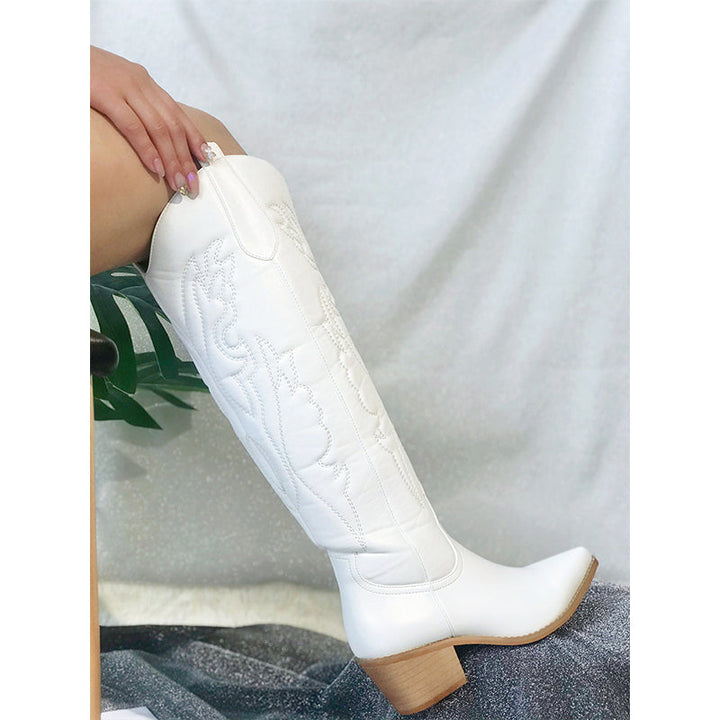 Retro embroidery stacked heel cowboy boots under knee white western boots