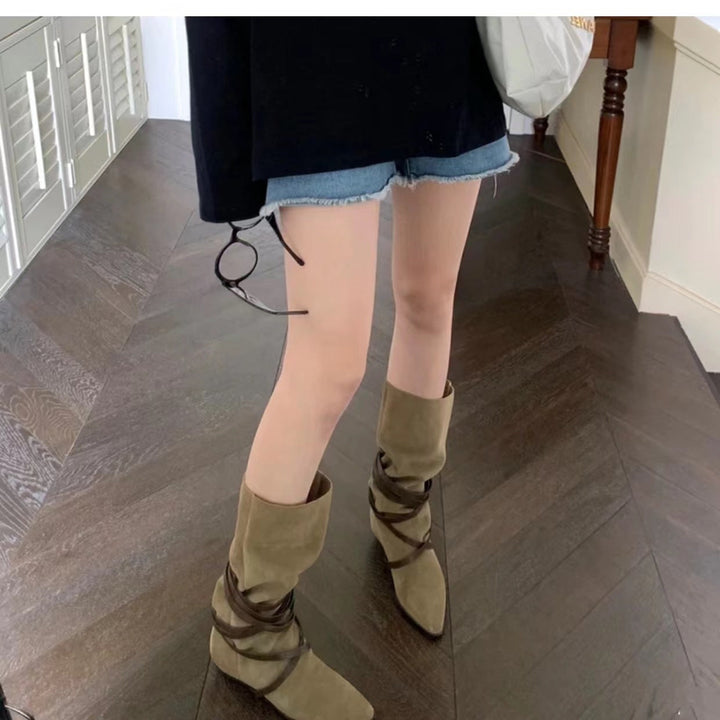 Women's slouchy cowboy boots Strappy mid calf boots Vintage pointed toe western boots