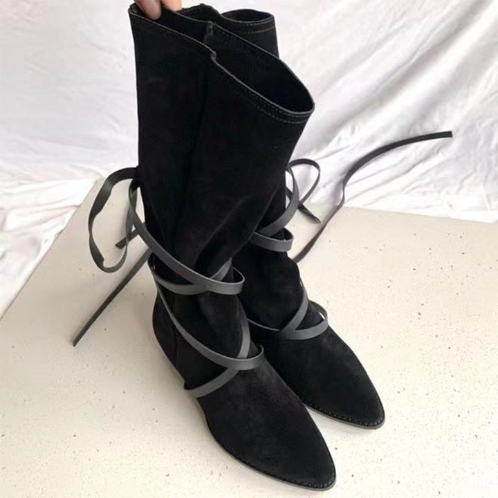 Women's slouchy cowboy boots Strappy mid calf boots Vintage pointed toe western boots