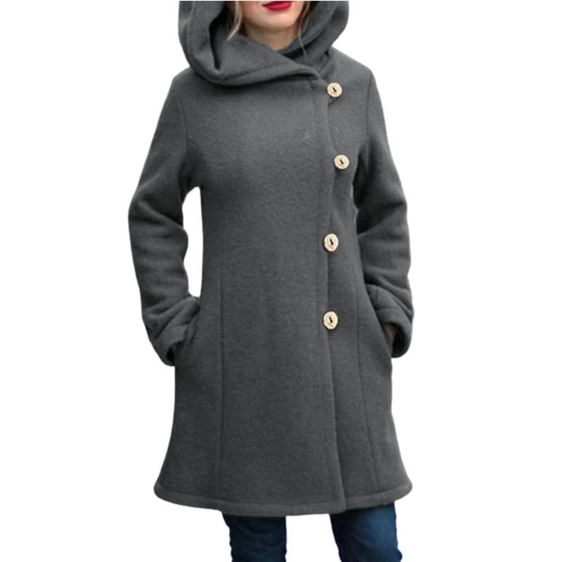 Women tweed hooded side button-down coat dress longline outerwear