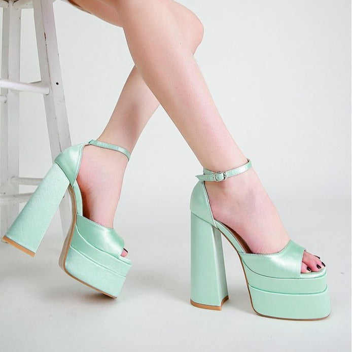 Women's silky square peep toe chunky platform high heels summer party ankle buckle strap chunky high heels