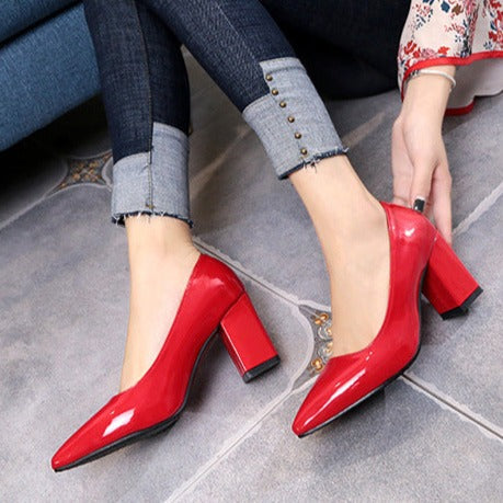 PU patent leather pointed toe chunky block heels pumps office work high heels