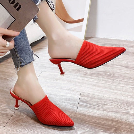 Women's summer knitted pointed toe stiletto heels mules backless slip on mules sandals