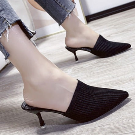 Women's summer knitted pointed toe stiletto heels mules backless slip on mules sandals