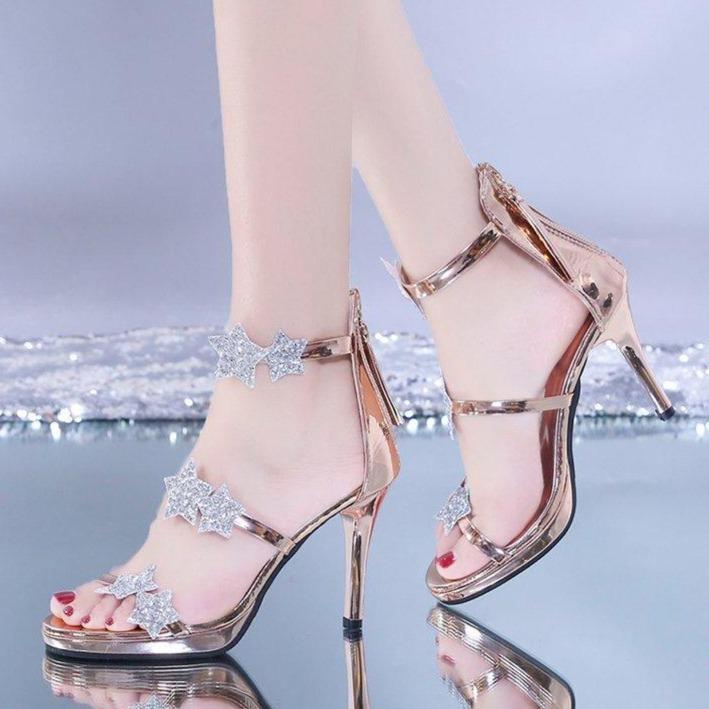 Women's sexy rhinestone 3 strap stiletto heeled sandals