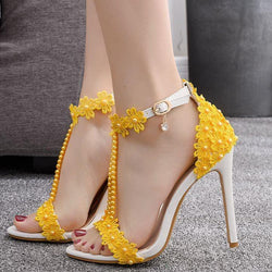 Women's floral lace pearls peep toe stiletto wedding sandals 4.3"