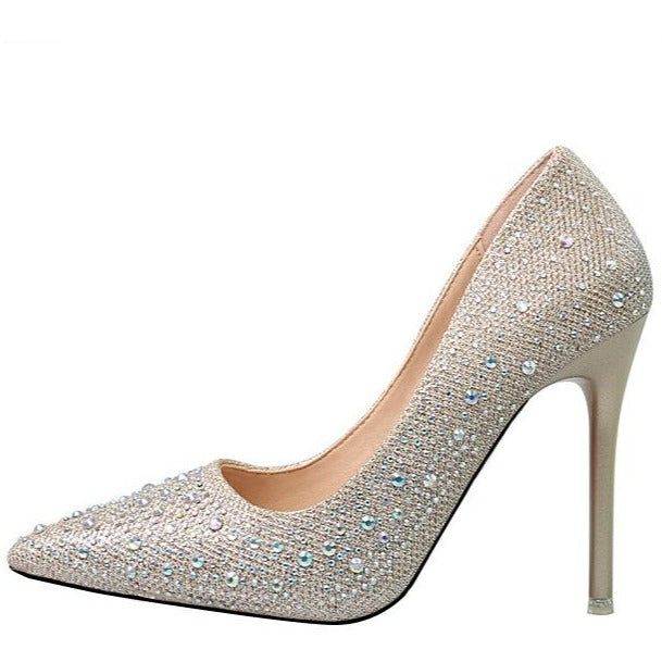 Women's rhinestone sparkly wedding shoes pointed closed toe high heels