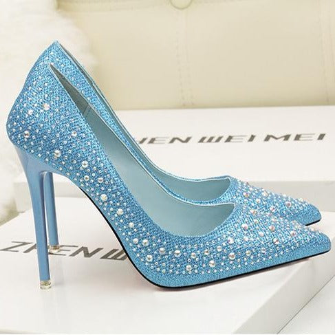 Women's rhinestone sparkly wedding shoes pointed closed toe high heels