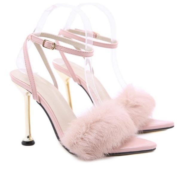 Women's pointed peep toe fuzzy ankle buckle strap high heels sandals