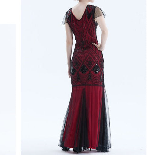Women's Vintage Luxury 1920s Sequins Flapper Dresses V Neck Maxi Dress