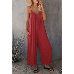 Women's summer spaghetti strap jumpsuits with pockets | Wide leg sleeveless jumpsuits