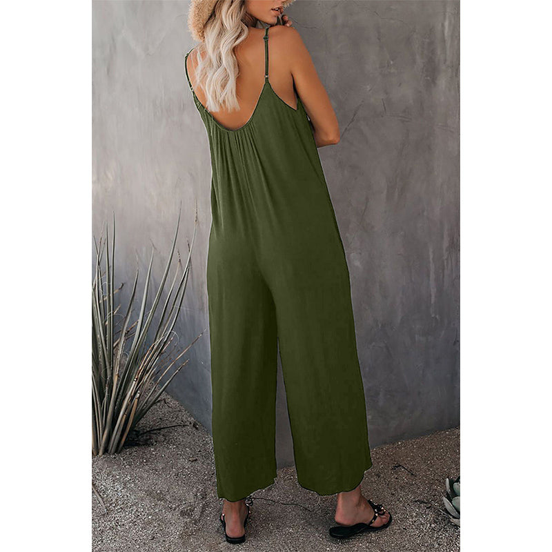Women's summer spaghetti strap jumpsuits with pockets | Wide leg sleeveless jumpsuits