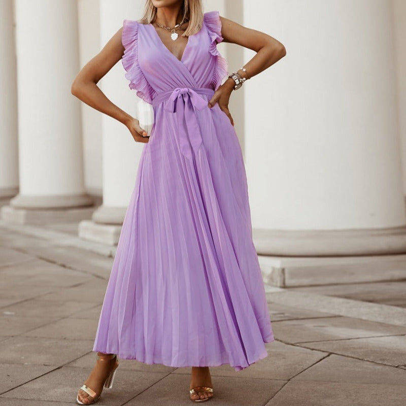 Women's chiffon ruffles sleevesless pleated maxi dress | Summer beach dress