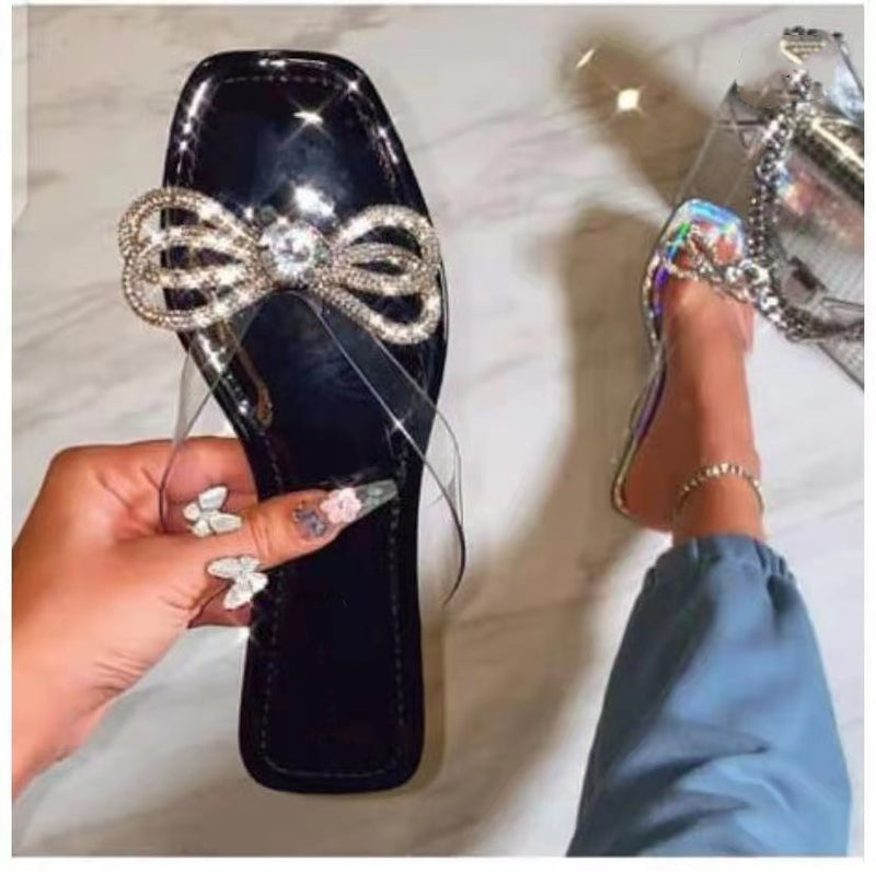 Women's rhinestone bow clip toe clip toe slide sandals