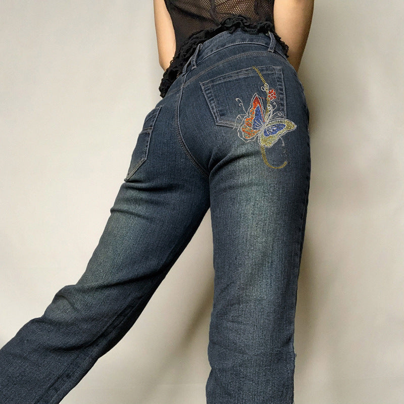 Women's vintage butterfly embroidery straight leg jeans