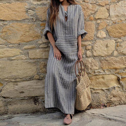 Cotton Stripes Paneled Pocket  Maxi Dress - fashionshoeshouse