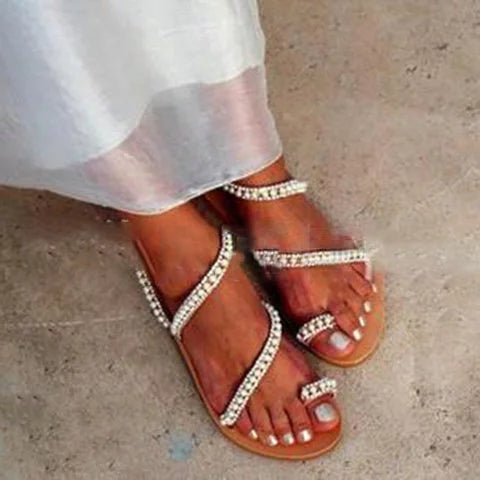 Women Bohemia Pearls White Strap Sandals - fashionshoeshouse