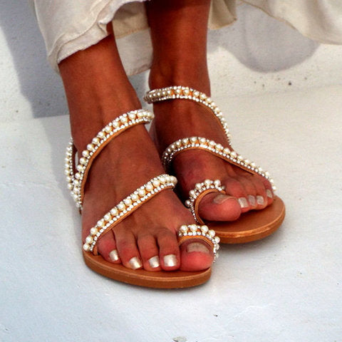 Women Bohemia Pearls White Strap Sandals - fashionshoeshouse