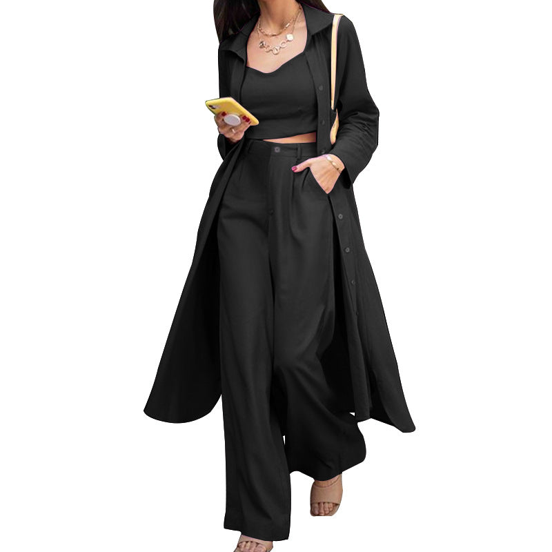 Spaghetti strap crop tops, wide leg pants and duster shirts outerwear 3 pieces set