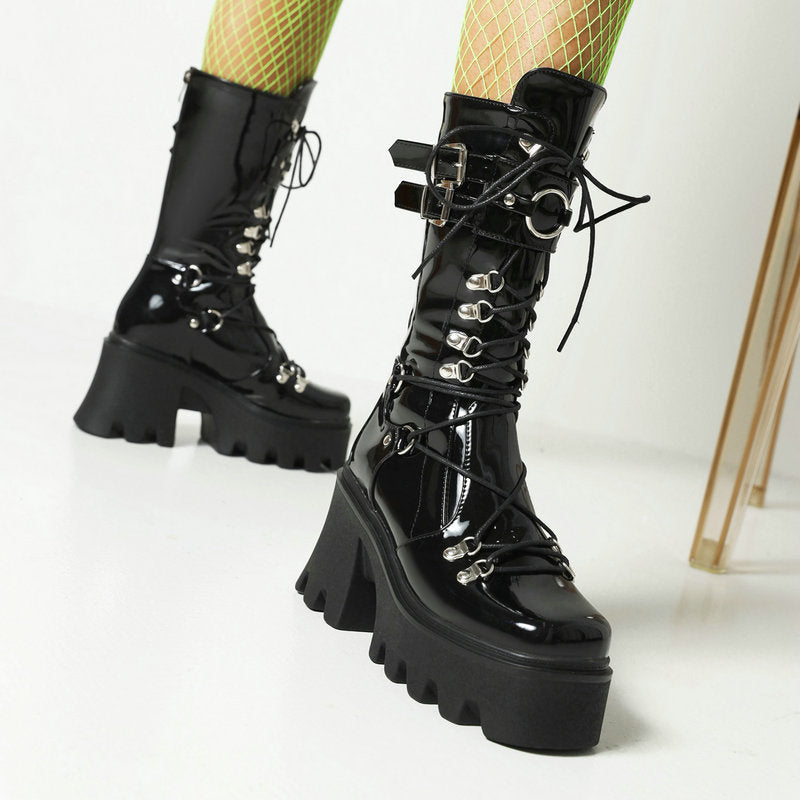 Women's black chunky platform motorcycle boots Steampunk bukcle strap biker boots Chunky combat boots