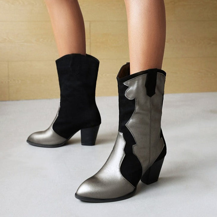 Women's chunky block heels mid calf boots silver patch boots pointed toe