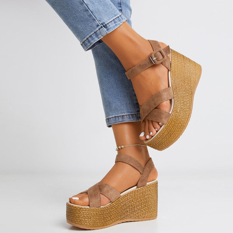 Women's chunky platform wedge heels sandals peep toe buckle wedges faux suede