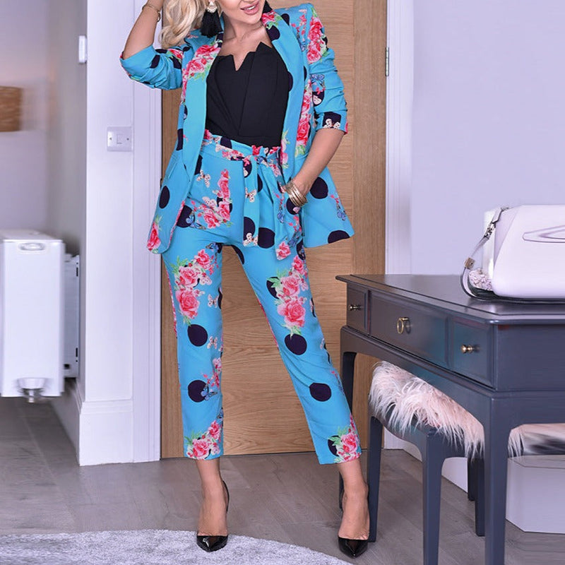Women's dotted flower print lapel blazers pants 2 pieces suits Sweet printed office suits