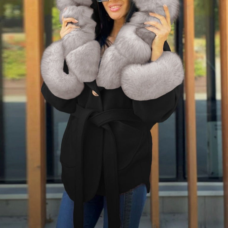 Women's furry collar hooded coat with belt cotton lined winter warm outerwear