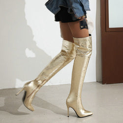 Women's gold/silver stiletto thigh high boots Sexy pointed toe over the knee boots for club party