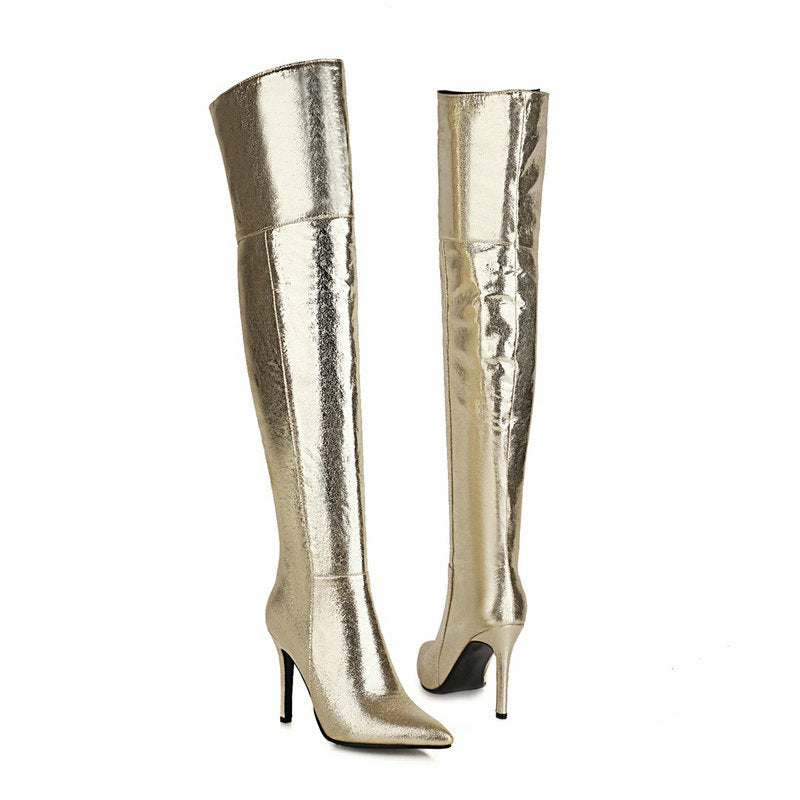 Women's gold/silver stiletto thigh high boots Sexy pointed toe over the knee boots for club party