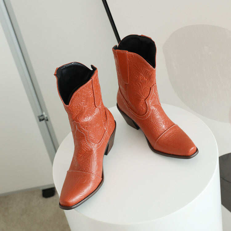 Women's medium block heels cowboy booties vintage skull print ankle boots for Halloween