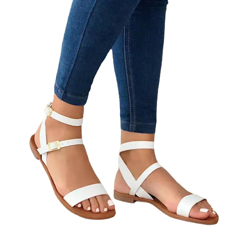 Women's peep toe gladiator sandals flat ankle buckle sandals