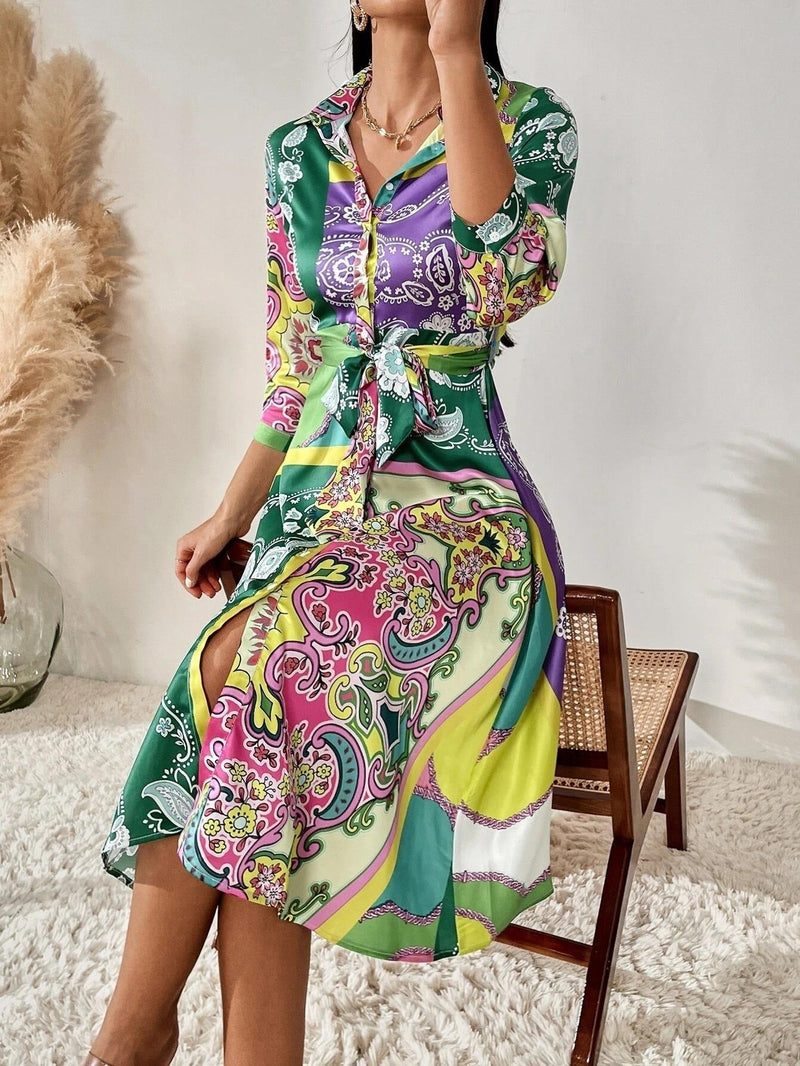 Women's printed turn down collar midi A-line dress with belt long sleeves large swing midi dress for party