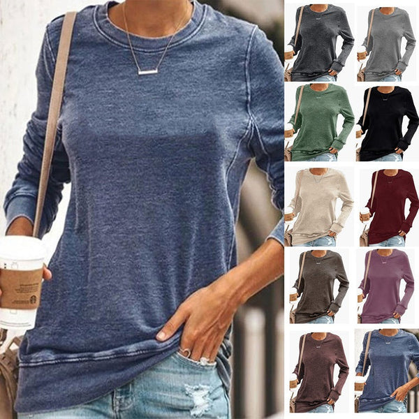 Women's solid color tunic t-shirts long sleeves crewneck pullovers tops