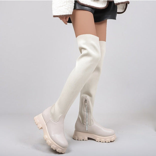 Women's stretchy knit thigh high boots chunky platform over the knee boots for winter