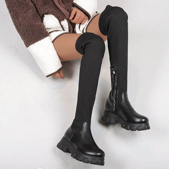 Women's stretchy knit thigh high boots chunky platform over the knee boots for winter