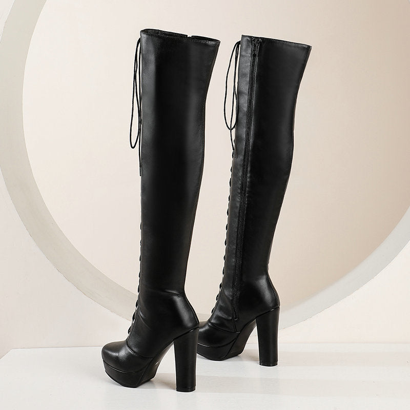 Women's thigh high combat boots Chunky high heels lace-up over the knee boots