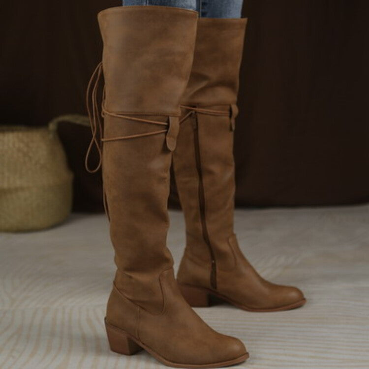 Women's wide calf thigh high boots Back lace-up over the knee boots square heels tall boots