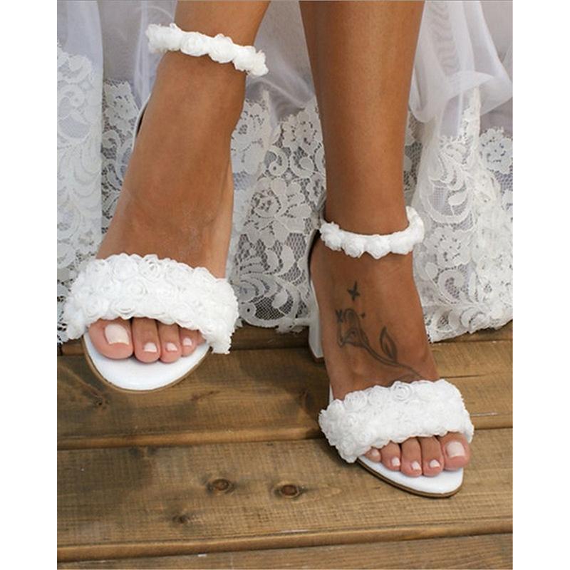 White floral lace peep toe chunky high heels bridal sandals shoes