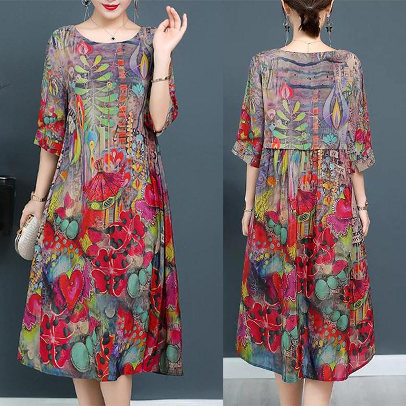 Plus Size Elegant Art Print Loose Midi Dress - fashionshoeshouse