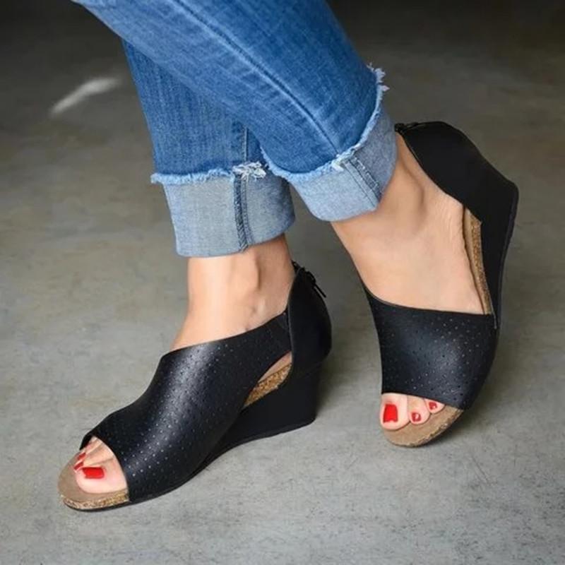 Side Cut-outs Slip On Hollow Wedge Sandals - fashionshoeshouse