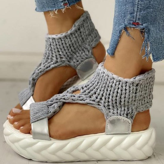 Women Knitted Hollow Criss Cross Muffin Platform Sandals - fashionshoeshouse
