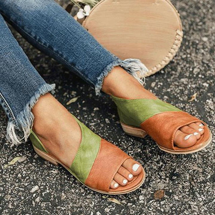Vintage Splicing Color Peep Toe Side Hollow Suede Sandals - fashionshoeshouse