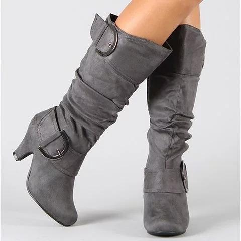 Women Long Boots Ladies Chunky Heel Suede Knee High Boots - fashionshoeshouse