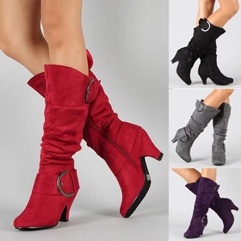 Women Long Boots Ladies Chunky Heel Suede Knee High Boots - fashionshoeshouse