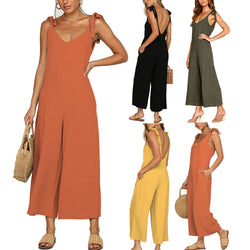 Women's summer vintage overalls with pockets bowtie strap top carpi pants rompers jumpsuits