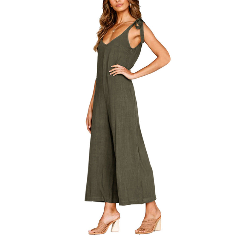 Women's summer vintage overalls with pockets bowtie strap top carpi pants rompers jumpsuits